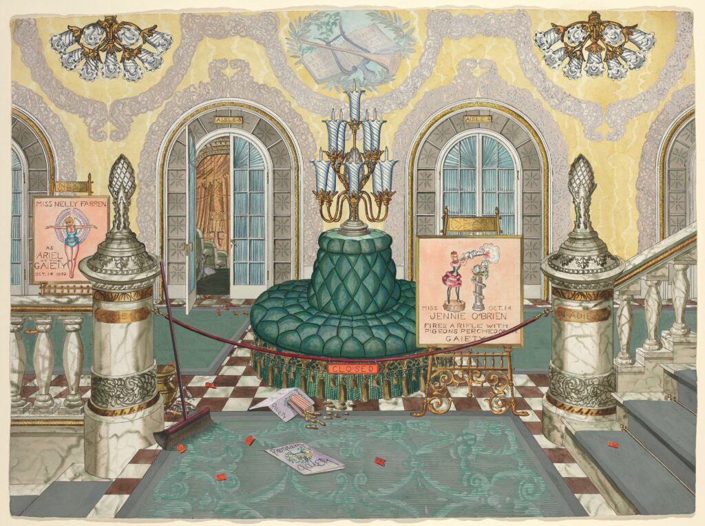 A 1930s painting of a theatre lobby emptied of people, with programs and flowers strewn across the green carpet under an opulent chandelier.