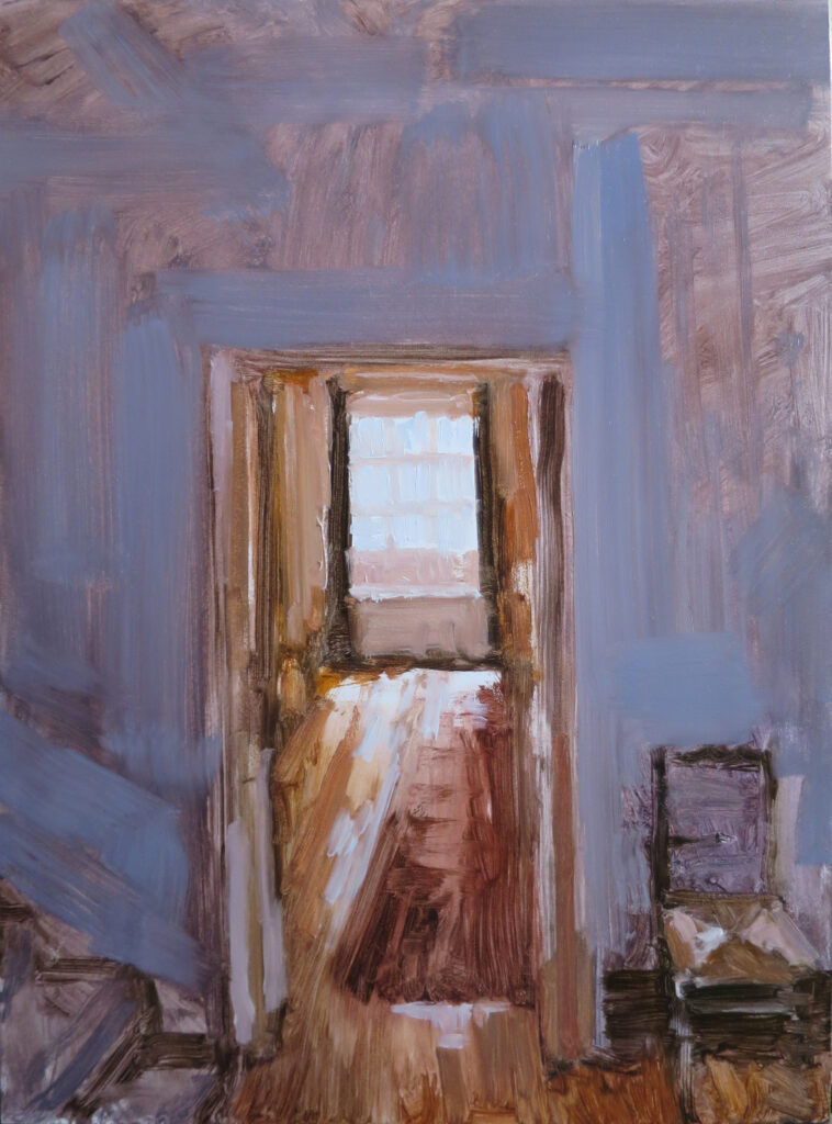 Oil painting in pale and medium purplish shades, showing a hallway and a sitting room in a traditional, spare, well-lit home with thick, impressionistic brushstrokes.