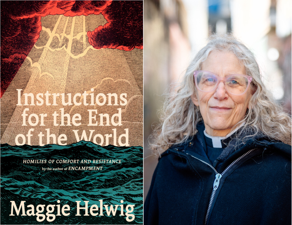 On the left, a book cover with the title "Instructions for the End of the World" and to the right, a photo of its author, Maggie Helwig.