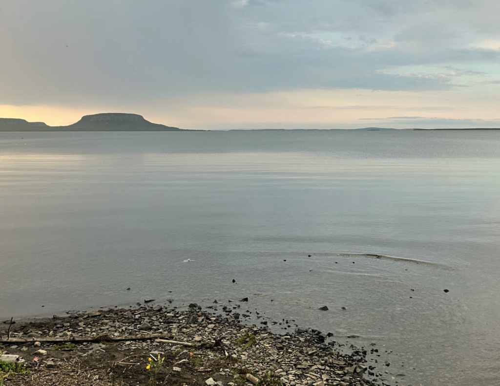 The edge of a lake at dawn with mountains on the horizon.