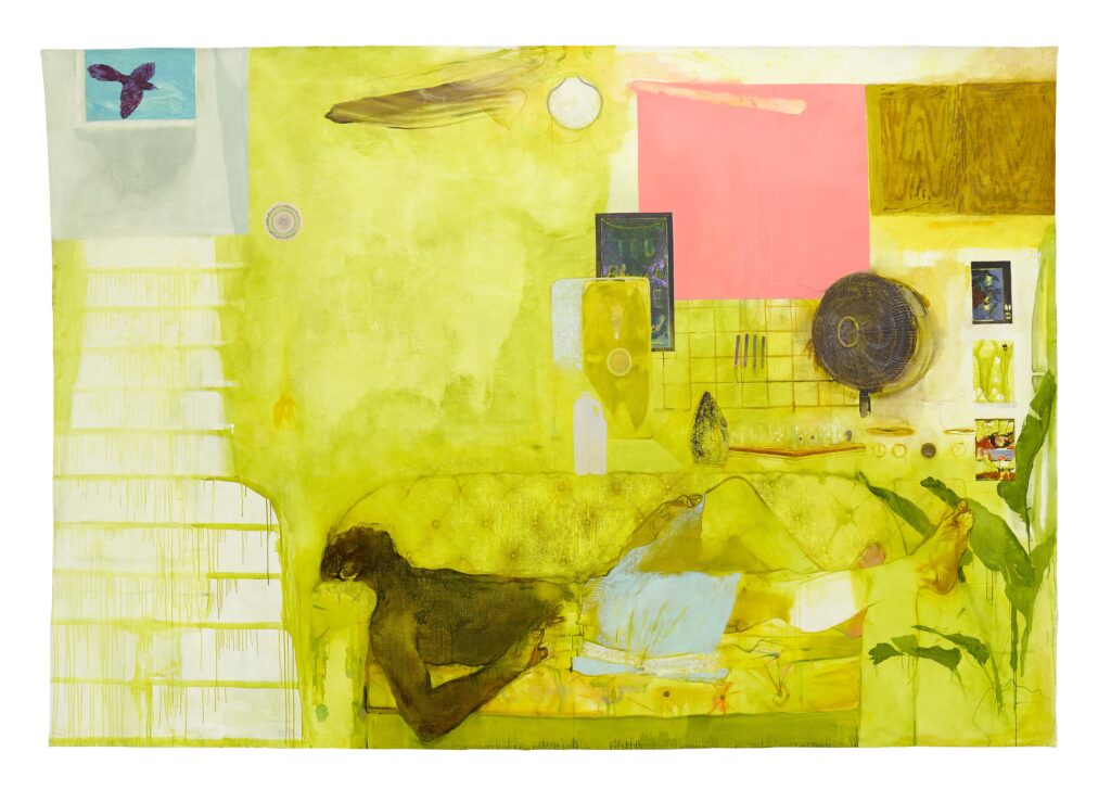 Painting by Jennifer Packer, predominantly a leaky yellow washed room in which a man lies on a couch, reclined. In the top left corner, a small window showing a bright blue sky, framing a bird. At the top of the painting is a ceiling fan, to the right a portable fan on a counter.
