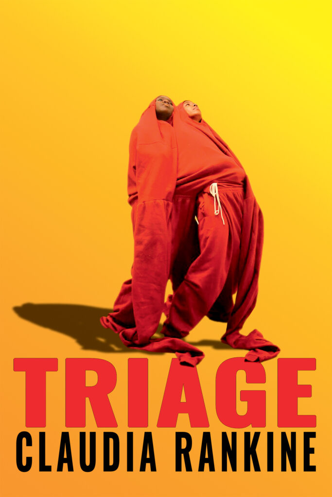 The book cover of Triage, which features two figures in red sweatsuits leaning against each other against a yellow background.