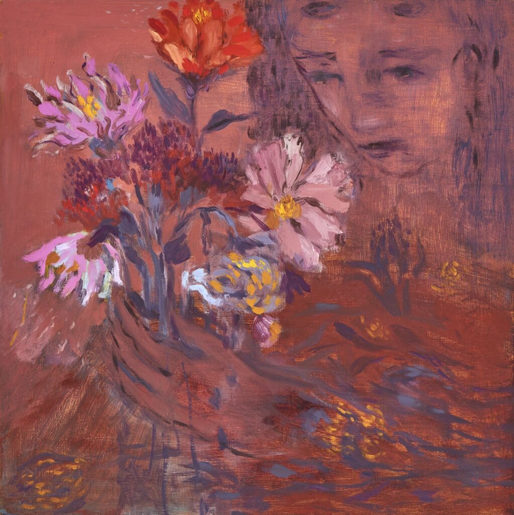 An oil painting of a woman grasping a bouquet of wildflowers. Her face is impressionistic and the canvas is mostly reds and pinks.